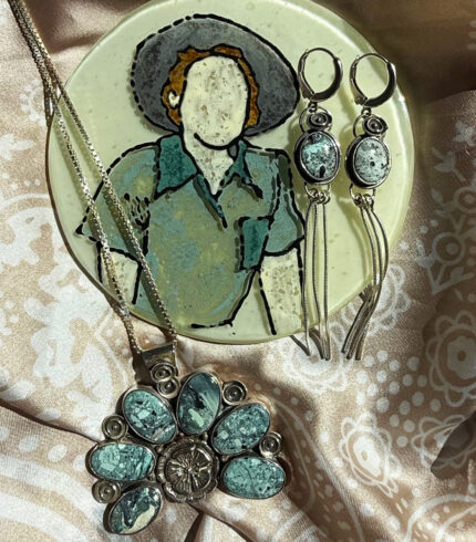 mystic sage, song dog silver, nevada turquoise naja, custom turquoise pendant and earring set, sydney martinez