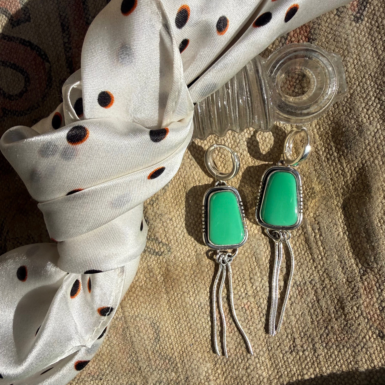 emerald rose nevada turquoise, turquoise earrings, song dog silver, sydney martinez