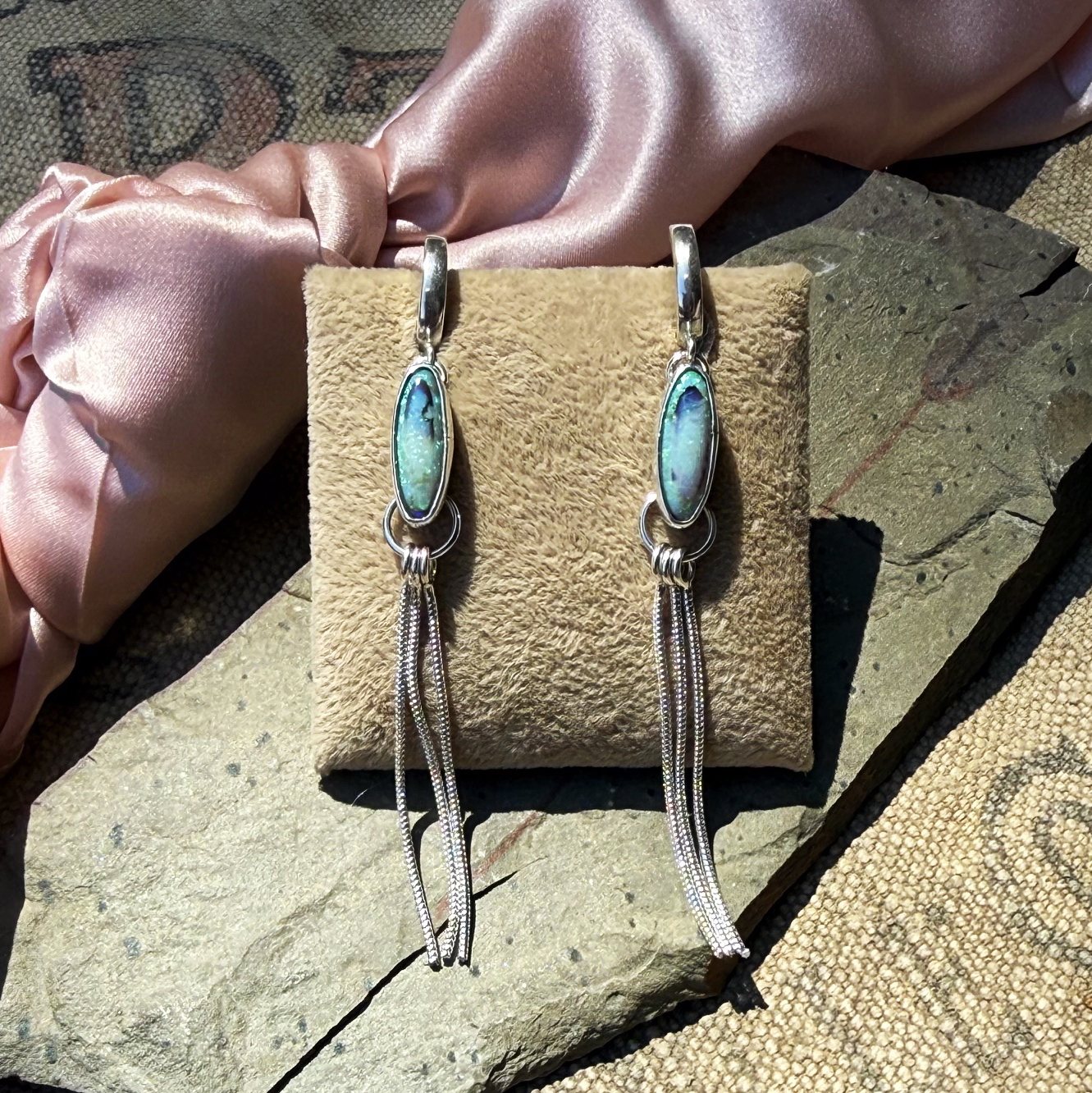 sterling and opal earrings, opal earrings, opal fringe earrings, song dog silver, sydney martinez